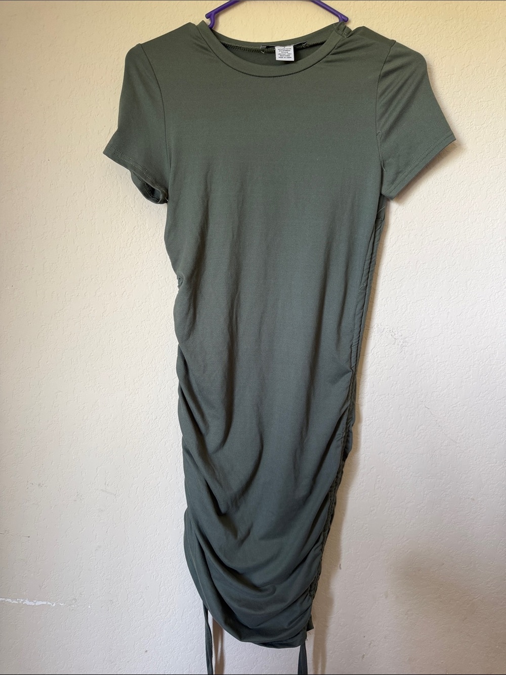 Olive Green Ruched Short-Sleeve Midi Dress